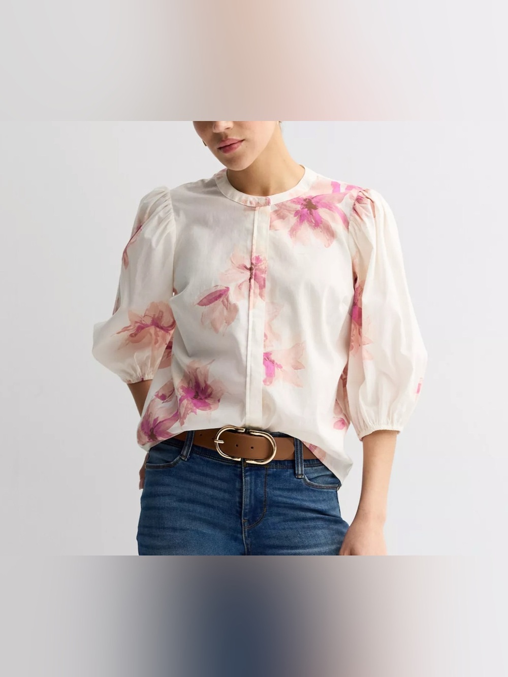 Nine West Cream Blouse with Pink Floral Print and Puff Sleeves